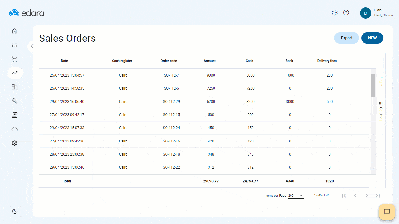 Additional data on the sales orders page