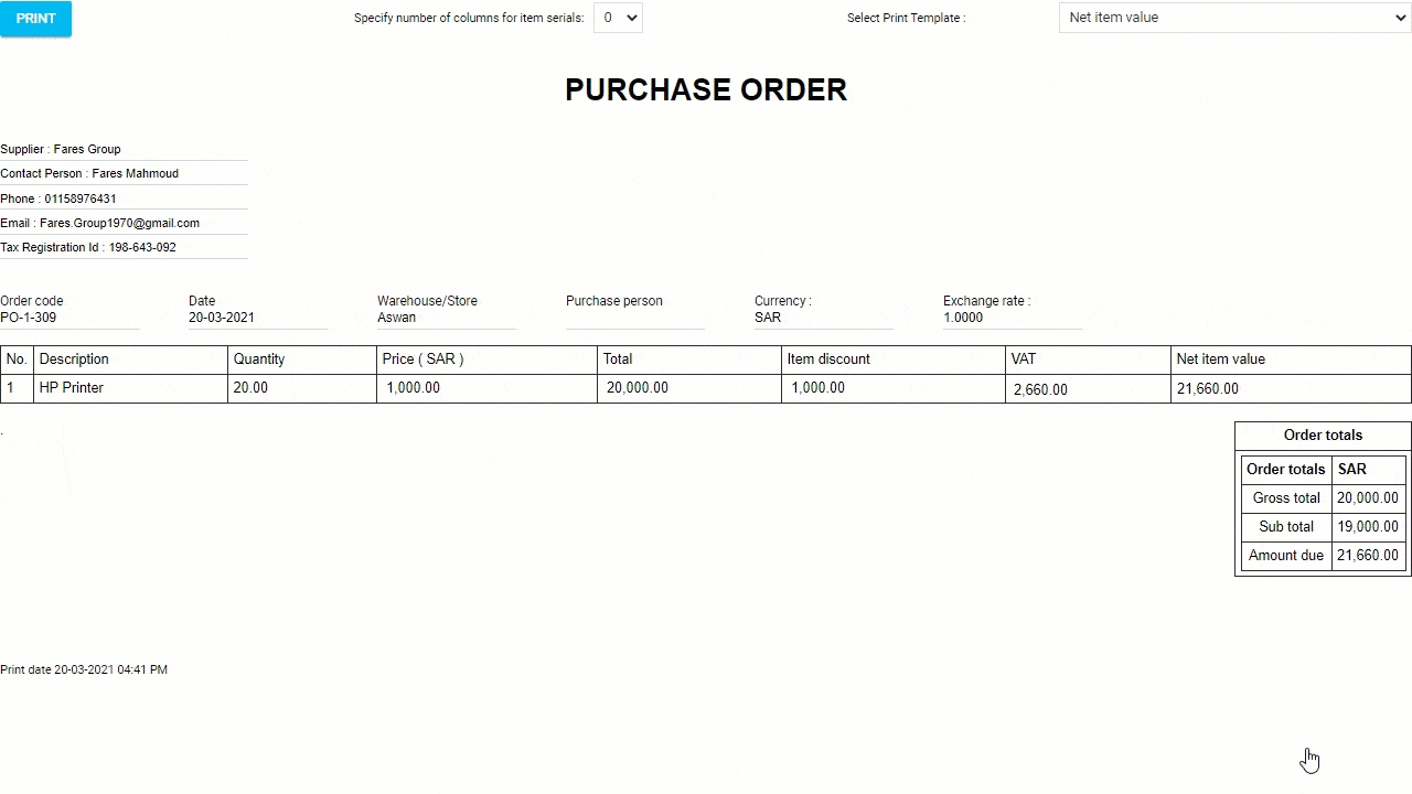 March Updates 2021 - Show item net value in PO print template