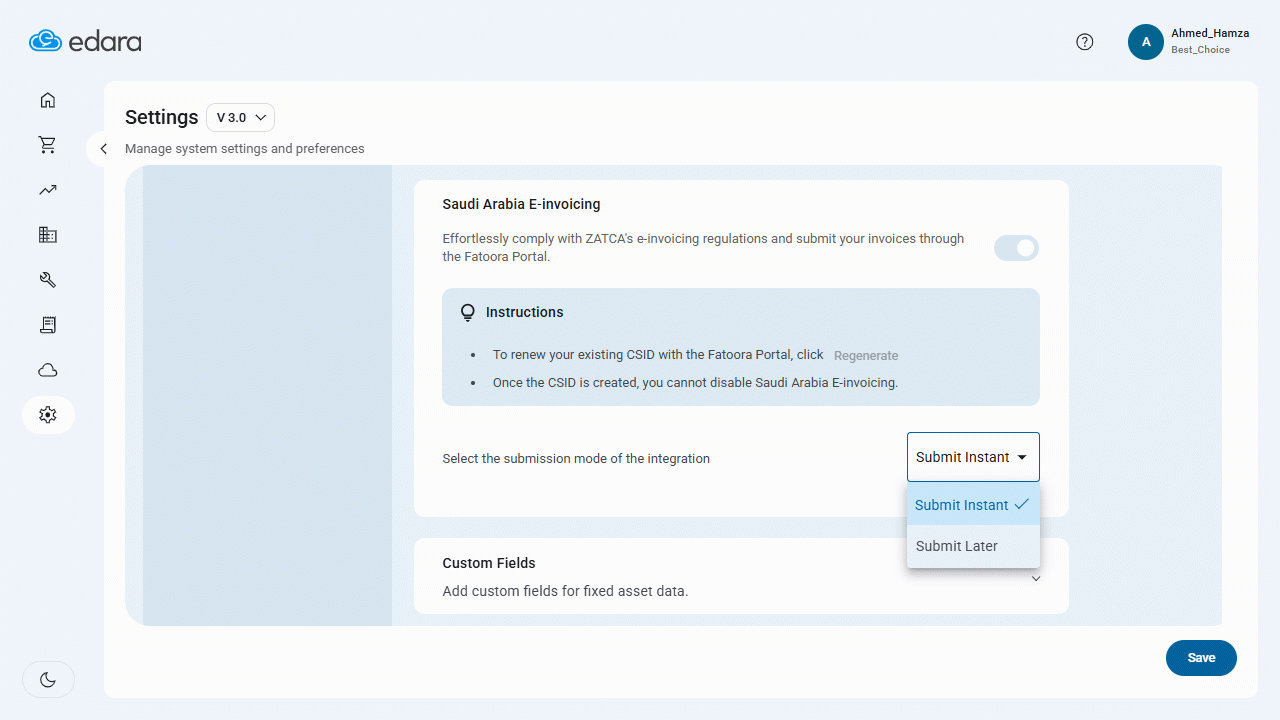 August Updates2025 ZATCA Submission Mode Selection in Edara 3.0